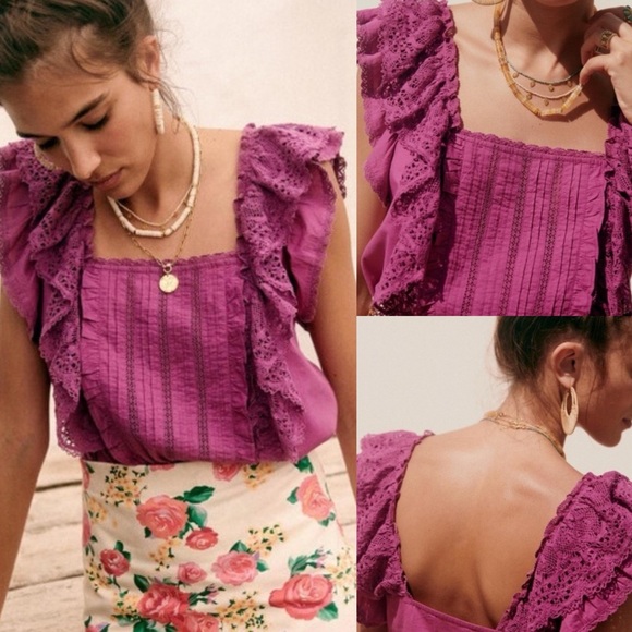 Sezane Tops - Sezane Lexy Blouse Size 38 French US 6 Square Neck Lace Frill Organic Cotton Top